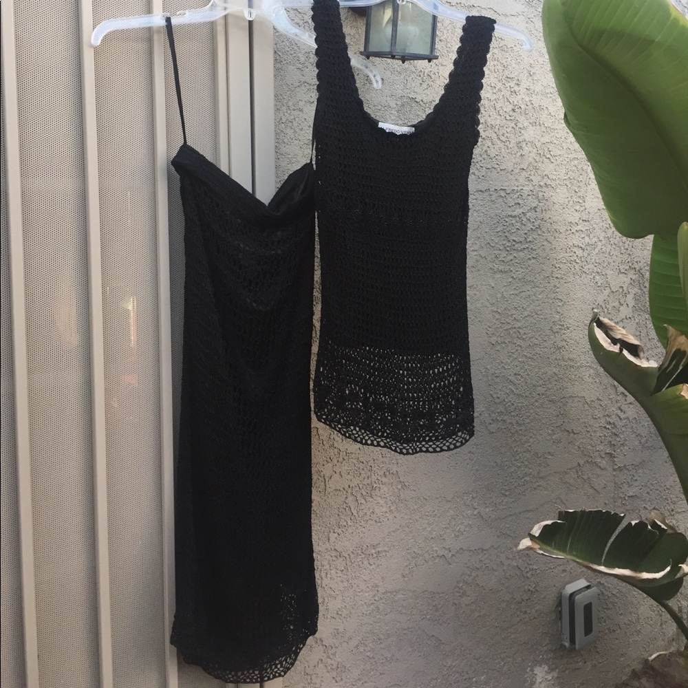 2 piece- Black Crochet fitted top & skirt.  Lined